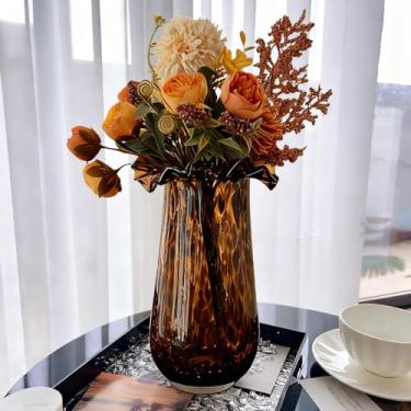 Imagem de Vaso de flor marrom âmbar de 30 cm de altura, vaso de vidro leopardo exclusivo de luxo para centros de mesa, vaso de fazenda grande espesso, vaso de tartaruga para sala de estar, estante de livros