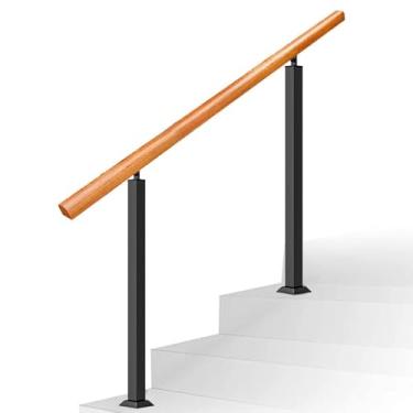 Imagem de AkosOL Corrimãos para degraus ao ar livre, corrimãos de degrau para 1 a 3 degraus de ferro forjado fosco corrimãos de madeira kit de trilho de escada carga máxima 200 kg/90 cm/H 95 cm
