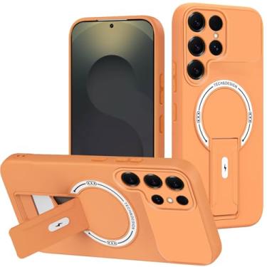 Imagem de POYUFRG Capa magnética para Samsung Galaxy S26 Ultra/S26 Plus/S26, capa de proteção de câmera fina fosca com capa de suporte dobrável, laranja, S26