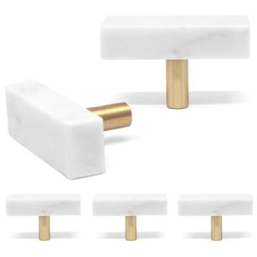 Imagem de YuGtcen 5 peças puxadores de armário de mármore em forma de T, puxador de gaveta decorativo moderno, puxadores de pedra base de latão escovado para armário de cozinha, quarto, cômoda, guarda-roupa
