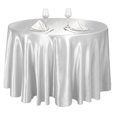Imagem de Toalhas de mesa redondas de cetim, capa de mesa de seda brilhante para decoração de mesa de aniversário de casamento de cor sólida (prata, redonda 145 cm)