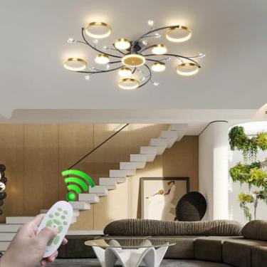 Imagem de Luminária de teto moderna com cristais LED, em ferro preto e dourado com detalhes florais, estilo nórdico, para sala de estar com controle remoto, tipo lustre, ideal para quarto, escritório