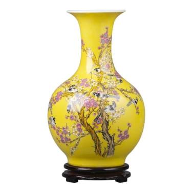 Imagem de KEG801302 Vasos para flores vaso de cerâmica retrô ornamento amarelo apreciação sala de estar arranjo de flores estilo chinês decoração de armário de TV para casa vaso decorativo para casa