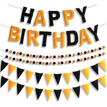 Imagem de Faixa grande de feltro de feliz aniversário de 16 cm - Guirlanda de tecido amarelo preto pré-amarrado, placa reutilizável de feliz aniversário para decorações de festa de todas as idades (preto e