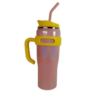 Imagem de Copo Térmico Inox com Alça Canudo Esmaltado Glitter Cor:Bege com Amare