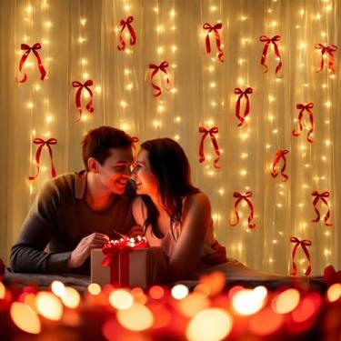 Imagem de Lewtemi 40 peças de decoração de laços vermelhos guirlanda com luzes penduradas corda de coquete laço vermelho decoração de parede DIY cenário de foto decoração de festa para meninas aniversário dia