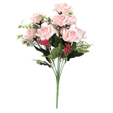 Imagem de Flores de rosas artificiais simulação falsa buquê de rosas de plástico para decoração de jardim doméstico peças centrais de mesa de festa de casamento branco rosa champanhe (Rosa)