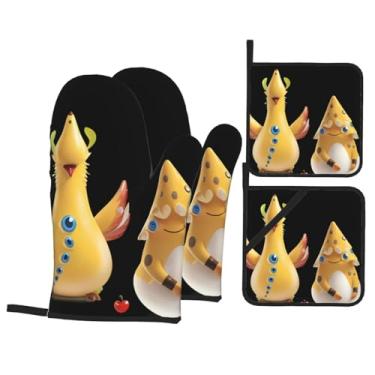 Imagem de Conjunto de luvas de forno com estampa de patinho de galinha amarela, conjunto de 4 peças adequado para grelhar, cozinhar e assar