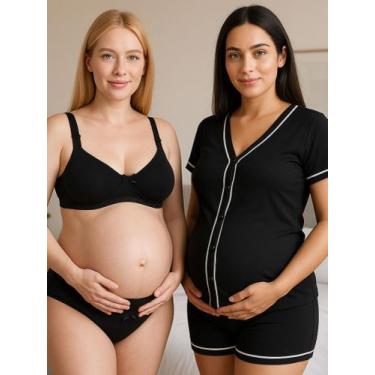 Imagem de Combo Amamentação Pijama Sabrina com Botões Sutiã com Clique e Calcinh