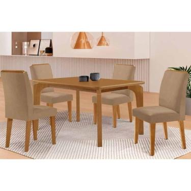 Imagem de Conjunto Sala de Jantar Londrina c/ Tampo Madeirado Canto Curvo 120x90cm e 4 Cadeiras Dakota Madeira Maciça Naturale - Capuccino/Corano Capuccino-Rufa