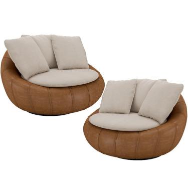 Imagem de Kit 02 Poltronas Para Sala De Estar Decorativa Giratória Kira Couríssimo Whisky Linho Bege - Lyam Decor