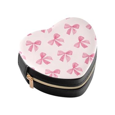 Imagem de Burbuja Caixa de joias em forma de coração com laço rosa mini estojo de joias de viagem para mulheres e meninas, estojo portátil organizador de armazenamento para brincos, anéis, colares e pulseiras