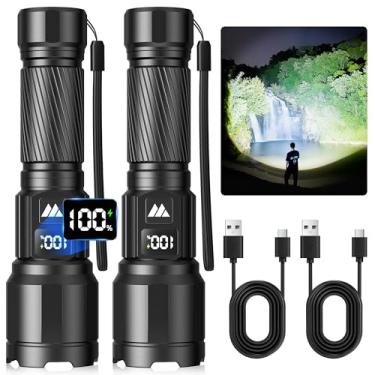 Imagem de Pacote com 2 lanternas táticas de LED recarregáveis de 6000 lúmens com visor de bateria LCD, 15 horas de funcionamento, à prova d'água IP65, luz de flash super brilhante de alumínio para acampamento