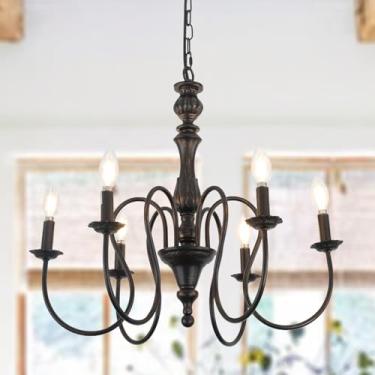 Imagem de Tescruant Lustre preto de 6 luzes estilo vela moderna de meados do século orbe entulho a óleo lustre preto lustre luminária lustre vintage para sala de jantar, cozinha, sala de estar, quarto, E12