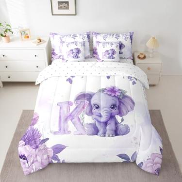 Imagem de jejeloiu Conjunto de edredom infantil fofo de elefante com lençóis, tamanho Queen, presente personalizado, 7 peças, cama com letra K, estampa floral para todas as estações, letra K