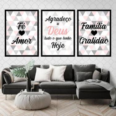 Imagem de Kit 3 Quadros Fé Amor Família Triângulos 33X24Cm Com Vidro - Quadros O