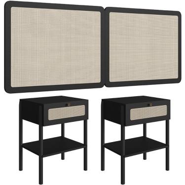 Imagem de Cabeceira Casal Queen 160cm e 2 Mesas Laterais 1 Gaveta Madeira Moss A03 Nero Preto- Lyam Decor