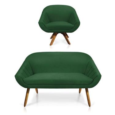 Imagem de Kit 01 Namoradeira 02 Lugares E 01 Poltrona Giratória Giovana Suede Base Madeira Mm30 D'rossi Verde