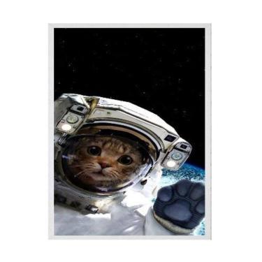 Imagem de Quadro Decorativo Gatinho Astronauta 45X34Cm Madeira Branca