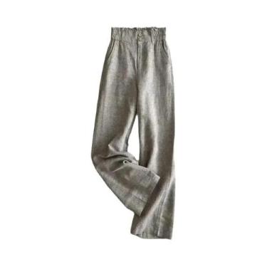 Imagem de Calças De Linho De Cintura Alta E Perna Larga Para Mulheres, Elásticas