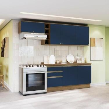 Imagem de Armário De Cozinha Completa Garrafeiro 100% Mdf 260cm Nogueira/azul Pr