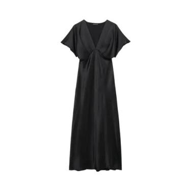 Imagem de Vestido Longo De Cetim Com Decote Em V Sexy Para Mulheres, Manga Curta