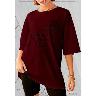 Imagem de Camiseta Oversized Feminina 100 Algodão Gola Redonda Estampa Boo Fantasma Streetwear-Feminino