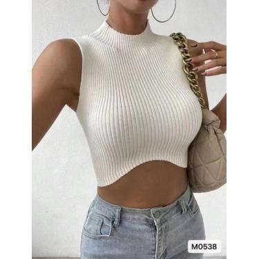 Imagem de Colete De Suéter Cropped Feminino Sem Mangas Com Gola Alta Em Tricô Ca