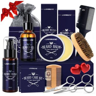 Imagem de Kit para Barba Profissional Portátil com Cera e Pente, 7 Itens, LIONMANE, Preto