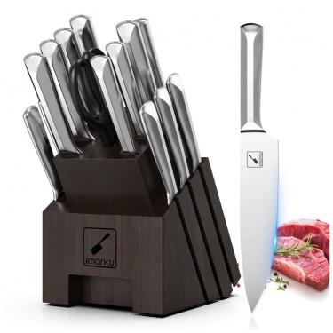 Imagem de Conjunto de Facas Imarku em Aço Inoxidável com Bloco de Bancada e Afiador Embutido, 16 Peças, Prata