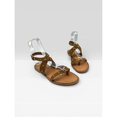 Imagem de Sandália Rasteira Feminina Com Tachas E Fivela Camurca Carvalho/Carame