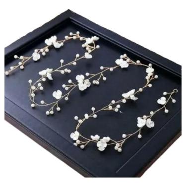 Imagem de Tiara Arranjo Cabelo Noiva Pérola Fio de metal com Flor branca - DeCas