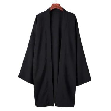 Imagem de Poncho Kimono Japonês Masculino Preto Longo De Cor Sólida, Yukata Haor