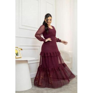 Imagem de Vestido Feminino Terra Prometida Poá Longo Madrinha Cor:BordôTamanho:G