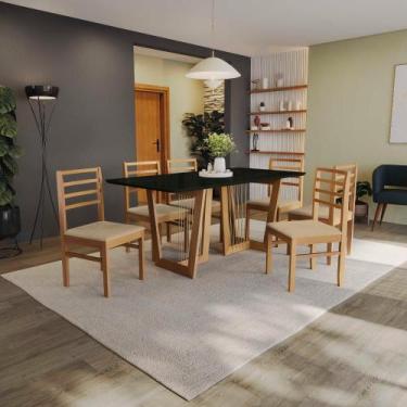 Imagem de Conjunto Sala de Jantar Elisa em Madeira Maciça 6 Cadeiras Boucle Bege