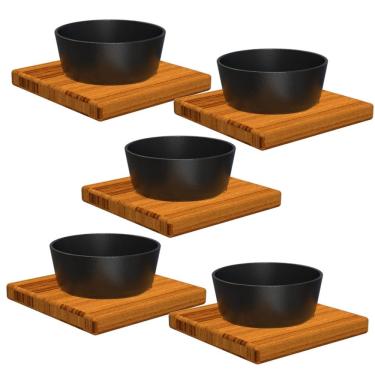 Imagem de Kit 5 Cumbuca de Ferro Fundido Suporte Madeira Petisco 12cm