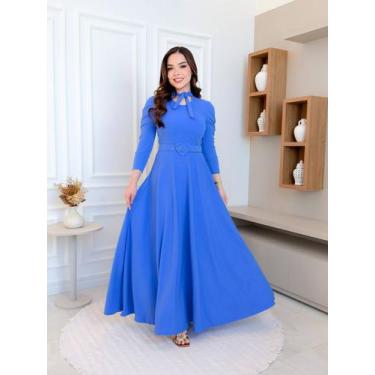 Imagem de Vestido Feminino Longo Terra Prometida Gravatinha, Azul, M