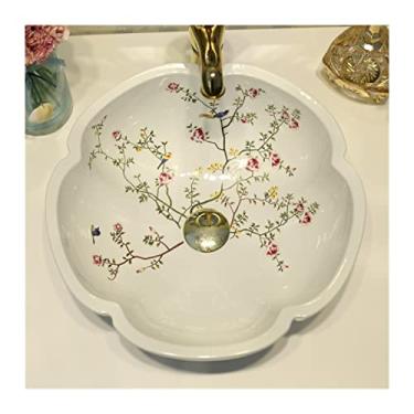 Imagem de jinyi2016SHOP Pias de vaso de banheiro com pintura de flores e pássaros, pintura de cerâmica, lavatório redondo para bancada, 1 pia apenas para pia de banheiro