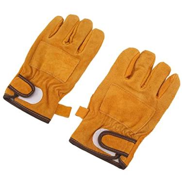 Imagem de Luvas Resistentes ao Calor Pele de Bezerro Exterior Cinco Dedos Luvas de Cozinhar Churrasco Isolado Saco Pequeno Para Uso Doméstico Amarelo