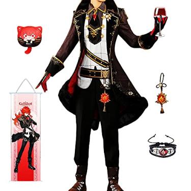 Imagem de Diluc Cosplay Roupas Novas, Fantasia Genshin Impact Vermelho Escarlate da Noite, Peruca, Sapatos de Halloween Conjunto de Roupas de Natal