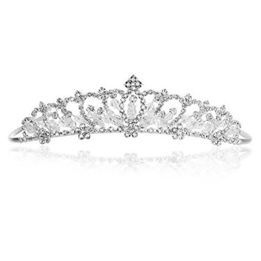 Imagem de Coroa de Tiara de noiva com contas de cristal de strass de flor banhada a prata T1003