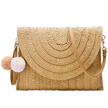 Imagem de Bolsa clutch de palha para mulheres, bolsa de praia, envelope, bolsa transversal de tecido, Marrom
