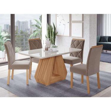 Imagem de conjunto de mesa de jantar com tampo de vidro off white agata e 4 cadeiras fernanda suede joli e nature