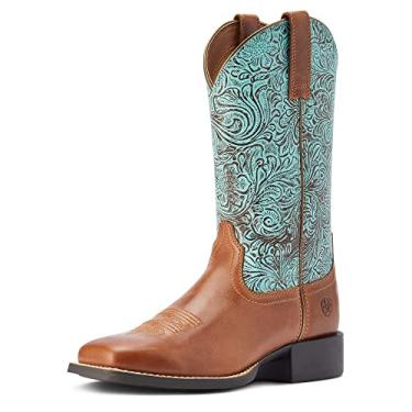 Imagem de Ariat Bota feminina estilo faroeste com bico quadrado arredondado, Beduino Marrom/Turq Floral Emboss, 35