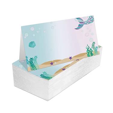 Imagem de Place Cards for Wedding, Birthday Or Party, Mermaid, Marine Life Filled-In Name Place Cards, Foldover Seating Table Cards, 25 Pack, Folds into 3.5*2 Inches (zuoweika-A024)