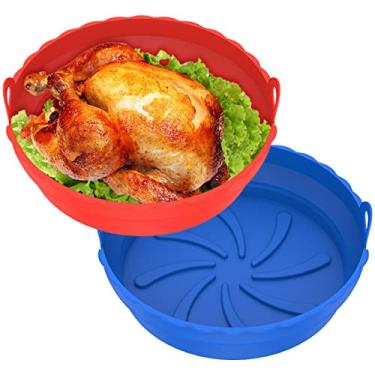 Imagem de 2 peças Air Fryer panela de silicone com alça reutilizável Air Fryer Liner resistente ao calor Cesta de silicone para fritadeira redonda acessórios para fritadeira (1 vermelho e azul cada)
