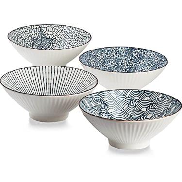 Imagem de Qinlang Tigelas de Ramen de 1,17 L, Tigelas de Cerâmica Azul e Branco, Conjunto de 4, 20 cm