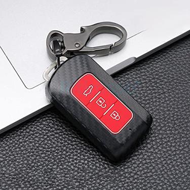 Imagem de YJADHU Porta-chaves de carbono capa de chave de carro, apto para Mitsubishi Outlander 3 Lancer 10 L200 ASX Colt Pajero Sport Eclipse Cross, 3 botões vermelhos