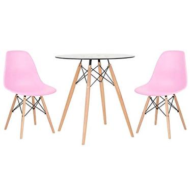 Imagem de Loft7, Mesa redonda Eames com tampo de vidro 70 cm + 2 cadeiras Eiffel DSW Rosa claro