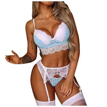 Imagem de Conjunto de lingerie sexy Ligerie para mulheres, conjunto de 3 peças de sutiã e calcinha, Branco, P